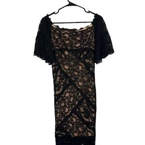 Nicole Miller Black & Beige Lace Overlay Short Sleeve Bodycon Dress Women Sz S